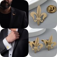 Retro Baroque gold-plated badge, silver fleur-de-lis collar brooch, black lapel pin, nameplate suit accessories set, men's gift
