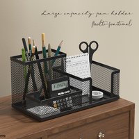 Black Mesh Office Caddy – Desk Organizer with Pencil Holder & Storage Baskets, 3 Compartments for Desktop Accessories