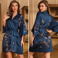 Navy Blue Print Flower Robe Nightgown Silk Satin Female Sleepwear Nightdress Spring Summer Loose Kimono Bathrobe Gown Home Wear