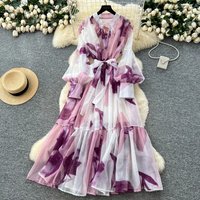 Sexy long sleeve mesh sweet print Dress Chic Vintage Evening Party Club Women Chic Summer Beach Long Dresses