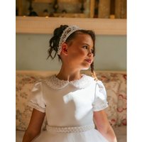 Elegant Satin Flowers Girl Dress for Wedding Short Sleeve Pearls with Bow Kids Birthday Party First Communion Ball Gowns Custom