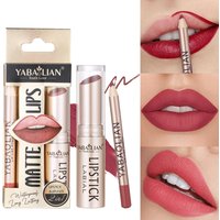 2 In 1 Lipstick Set Makeup Matte Lipstick & Lip Liner Pencil Waterproof Lasting Cosmetics Nude Brown Contour Tinted Lip for Balm