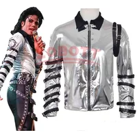 Men Pop Punk Michael Jackson Silver Zipper Coat Cosplay Costume Adult Halloween Masquerade Stage Performance Outfit
