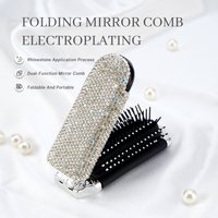 Luxury Crystal-Encrusted Foldable Hair Brush - Compact Pocket Size with Mirror, Perfect Gift for Girls & Parties