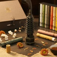 Vintage Metal Wenchang Pagoda Incense Burner Set with Sticks and Gift Box for Home Office Desk Decor