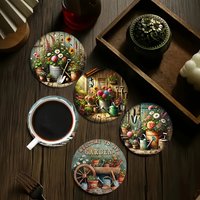 Set of 6 round Wooden Coasters 2D Garden Floral Theme Heat Resistant Non-Slip Multifunctional Home Decor & Gift