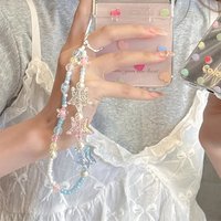 Korean Cute Blue Pink Clear Star Beaded Phone Chain Charm Lanyard For iPhone Samsung Universal Accessories Girl Jewelry Pendant