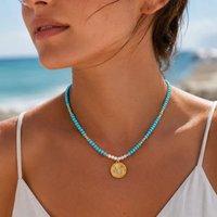Handmade Natural Turquoise Beads Necklace for Women Stainless Steel Gold Color Round Pendant Adjustable Jewelry Summer Gift