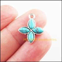 Fashion 10Pcs Tibetan Silver Plated Clover Flower Blue Stone Charms Pendants 15x18mm
