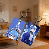 Cool Pretty Hoshimachi Suisei Rectangle ID Card Case Keychain Access Card Bag Key Tag Ring Leather Card Holder Key Ring Access