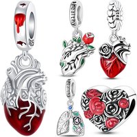 Heart & Organ Charm 925 Sterling Silver Red Rose Skull Dangle Pendant Dark Aesthetic Fit Bangle Bracelet Necklace DIY Jewelry