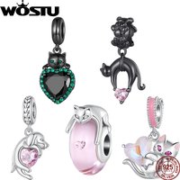WOSTU 925 Sterling Silver Black Cat Pendant Hug Pink Zircon Heart Bead Fit Original Bracelet Bangle Cute Jewelry Gift for Women