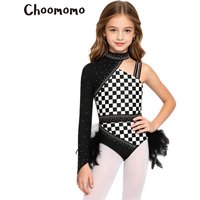 Kids Girls Gymnastics Printed Dance Leotard Sparkly Rhinestones Asymmetrical Ballet Tutu Feather Dance Bodysuit Jazz Dancewear