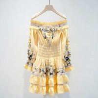 Women Off Shoulder Floral Print Long Sleeve Dress Yellow Ruffled Hem Slim Fit Summer Vacation Beach Party Mini Dress