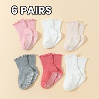 6 pairs girls' toddler cotton socks with lace - baby anti-slip dot gel socks, cute walking socks with non-slip ruffles design