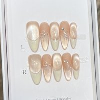 10PCS French Cat Eye Bow Press On Nails Almond Pink Leopard Resin Fake Nails for Women DIY Manicure Salon