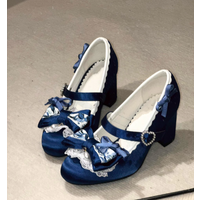Elegant Lolita Style Shoes Navy Blue Satin Chunky Heels Mary Jane Bow Delicate Lace Trim Pearl Heart Buckle Round-Toe High Heels