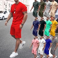 2026 Summer New Men Sunshine Cotton Solid Color T-shirt Set Outdoor Sports Fitness Breathable Short Sleeve Shorts Two Piece Set