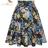 SISHION Animal Raccoon Floral Printed Women Cotton Skirt VD0020 High Waist Black Flowers 50s 60s Vintage Skirts Falda Mujer