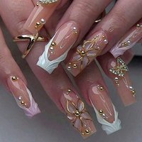 24PCS Medium Square False Nails Sweet Cool Shiny Rhinestone 3D Flowers White French Press on Nails Golden Patterns Fake Nails
