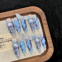 10pcs Romantic Blue Handmade False Nail Colorful Painted Shiny Jellifish Mermaid Tail Scale Press On Nail Summer Fairy Fake Nail
