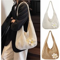 Trendy Hollow Out Beach Handbag Beige Khaki Large Capacity Tote Bag Lazy Style 3D Flower Shopping Bag Vacation Use