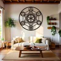 Metatron's Cube Metal Wall Art, Sacred Geometry Black Metal Plaque, Minimalist Line Art Decor for Living Room Bedroom Study
