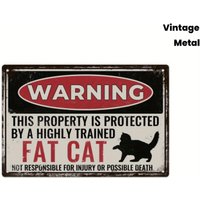 Aluminum metal sign, vintage fat cat warning wall plaque, funny pet distressed hanging decor for backyard gate garage