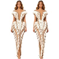Women's Sexy White Feather Dress See-through Mesh Rhinestone Applique Pageant Drag Queen Stage Evening Gown for Graduation