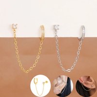 1PC Stainless Steel CZ Zircon Ear Cuff With Chain Tassel Stud For Women Cartilage Clip Earrings Non-Piercing Ear Jewelry