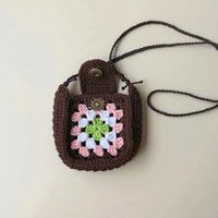 Handmade Crochet Granny Square Earphone & Coin Purse Set - Brown Floral Mini Crossbody Bag with Adjustable Strap, Perfect for Gi