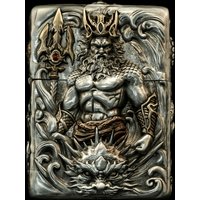 Sea God Poseidon hand carved fuel lighter, embossed brass inlaid lighter, collection hobby, men's gift