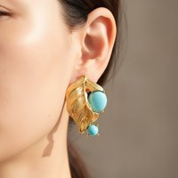 Vintage Created Turquoise Stud Earrings for Women 18K Gold Plated Needle Leaf Drop Ear Charm Party Gift Daily Jewelry