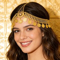 Women Silver Gold Plated Beads Coin Tassel Belly Dance Head Chain Costume Gypsy Maang Tikka Costume Party Jewelry