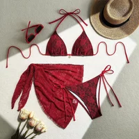 Sexy Lace Micro Mini String Halter Bikinis Sets 3pcs with Cover Skirt Black and Red 2 Color Swimwear Swimsuit Bathing Suit