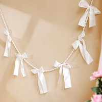 Elegant White Bow Satin Ribbon and Pearl Garland, Wedding Party Decoration, Bridal Shower Hanging Garland Banner Wall Decor Gift