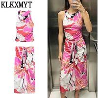 KLKXMYT Women Set Fashion Satin Printed Ruched Tops+High Waist Elegant Midi Skirt Casual 2026 Spring Summer Woman Outfit