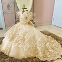 Champagne Flower Girl Dress For Wedding Feather Applique Puffy Floor Length Princess Kids Birthday First Communion Ball Gown