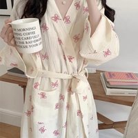 New Women's Spring and Autumn Pajamas, Simple and Comfortable Robe, Pink Bow, Casual, Breathable, Loose Home Wear Nightgown