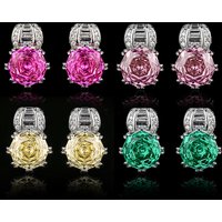 12mm Rose Cut Pink Yellow Green Cubic Zirconia Stud Earrings Luxury Statement Jewelry for Women Wedding Party Gift Accessories