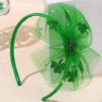 Cloverleaf Tull Hairband For Girls Pearls Mesh Hair Hoops Large Fresh Green Bow Hair Bands Easter Headwear Hair Accessories
