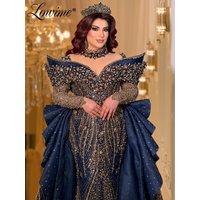 Elegant Gold Crystals Evening Dress Customized Long Sleeve Mermaid Prom Dresses With Ruffles Overskirt Customized Dubai Arabic