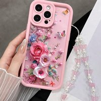 Luxury Strap Case For iPhone 17 15 16 14 Pro Max Plus Cases Coquet Flowers Pattern For iPhone 13 11 12 XR 7 With Lanyard Cover