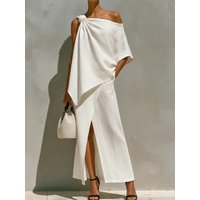 2026 Women Summer Skew Collar One Shoulder Pullover Top with Maxi Split Skirt Two Pieces Set Solid Patchwork Outfit Streetwear