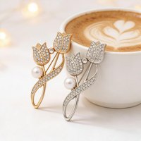 Elegant Double Tulip Flower Brooch Rhinestone Pearl For Wedding Party Coat Scarf Pin Accessories Jewelry Gift