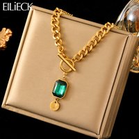 EILIECK 316L Stainless Steel Luxury Green Zirconia Crystal Pendant Necklace For Women Fashion OT Buckle Neck Chain Jewelry Gift
