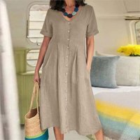 Casual Loose Dress Solid Color Simple Comfortable Short-sleeved V-neck Cotton And Linen Loose Waist Single-breasted Long Dresses
