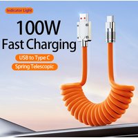 100W 6A USB C Fast Charging Data CableSpring Pull Telescopic USB Type C High - speed transfer Data line Zinc Alloy & Liquid Sil