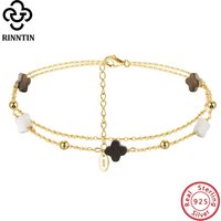Rinntin Genuine 925 Sterling Silver Double Layer Clover Chain Anklet Lucky Clover Charm Anklets Bracelet Female Jewelry GMA02