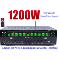 High power 1200W 220V Bluetooth Fiber coaxial Lossless decoding Amplifier 5.1CH Karaoke Digital Surround Power amplifier